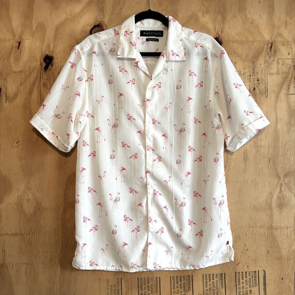 Direction Flamingo Print White Button Up Short Sleeve Shirt Sz XL